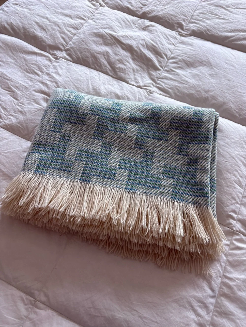 Vintage Pendleton Wool Throw Blanket Blue Green Geometric Plaid 66x55 Fringe USA